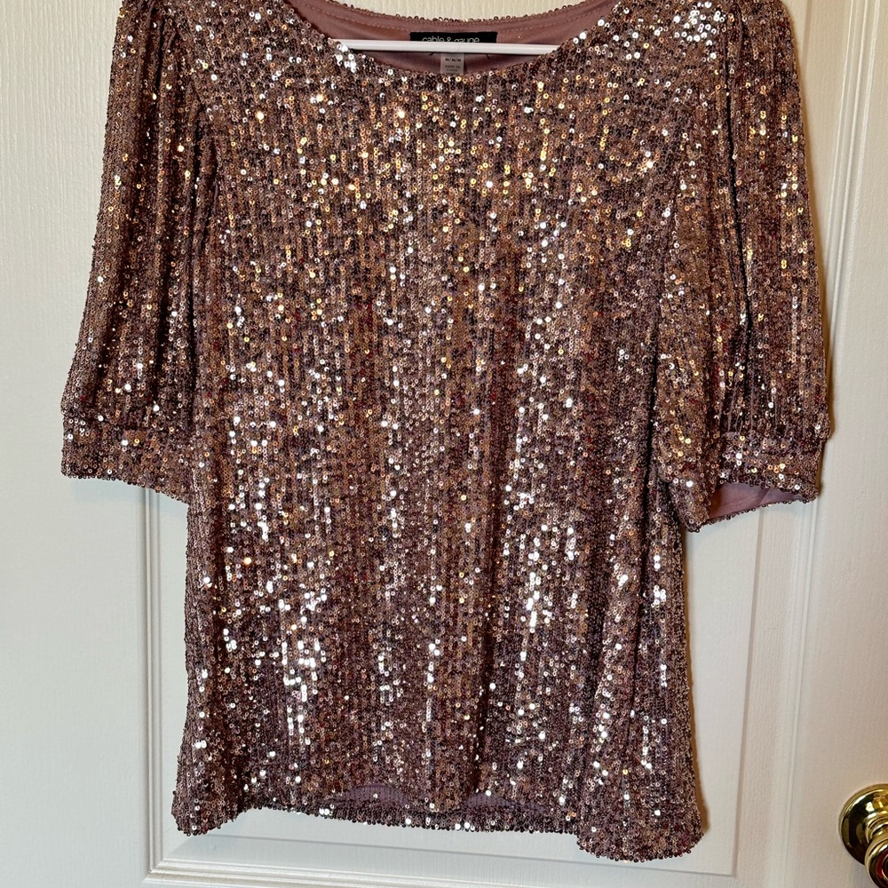 Cable & Gauge Purple 3/4 Sleeve Relaxed Sequin Blouse